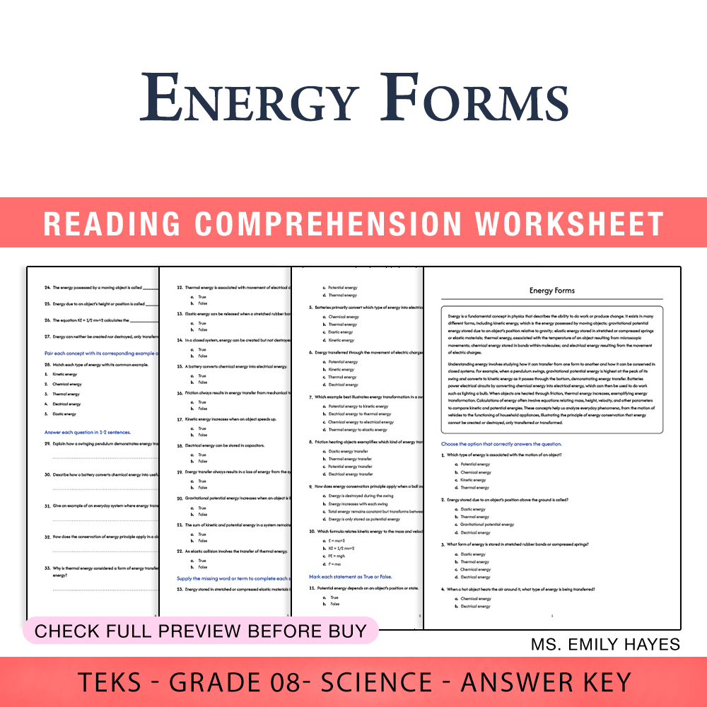 Grade 8 Science worksheet worksheet — 8th Grade Science | Energy Forms Worksheet (PDF+ Answer Key) — page 1