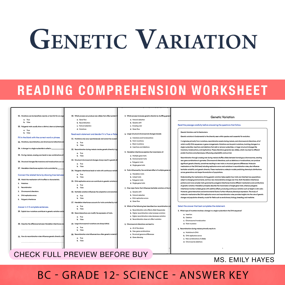 Grade 12 Science worksheet worksheet — 12th Grade Science | Genetic Variation Worksheet (PDF + Answer Key) — page 1