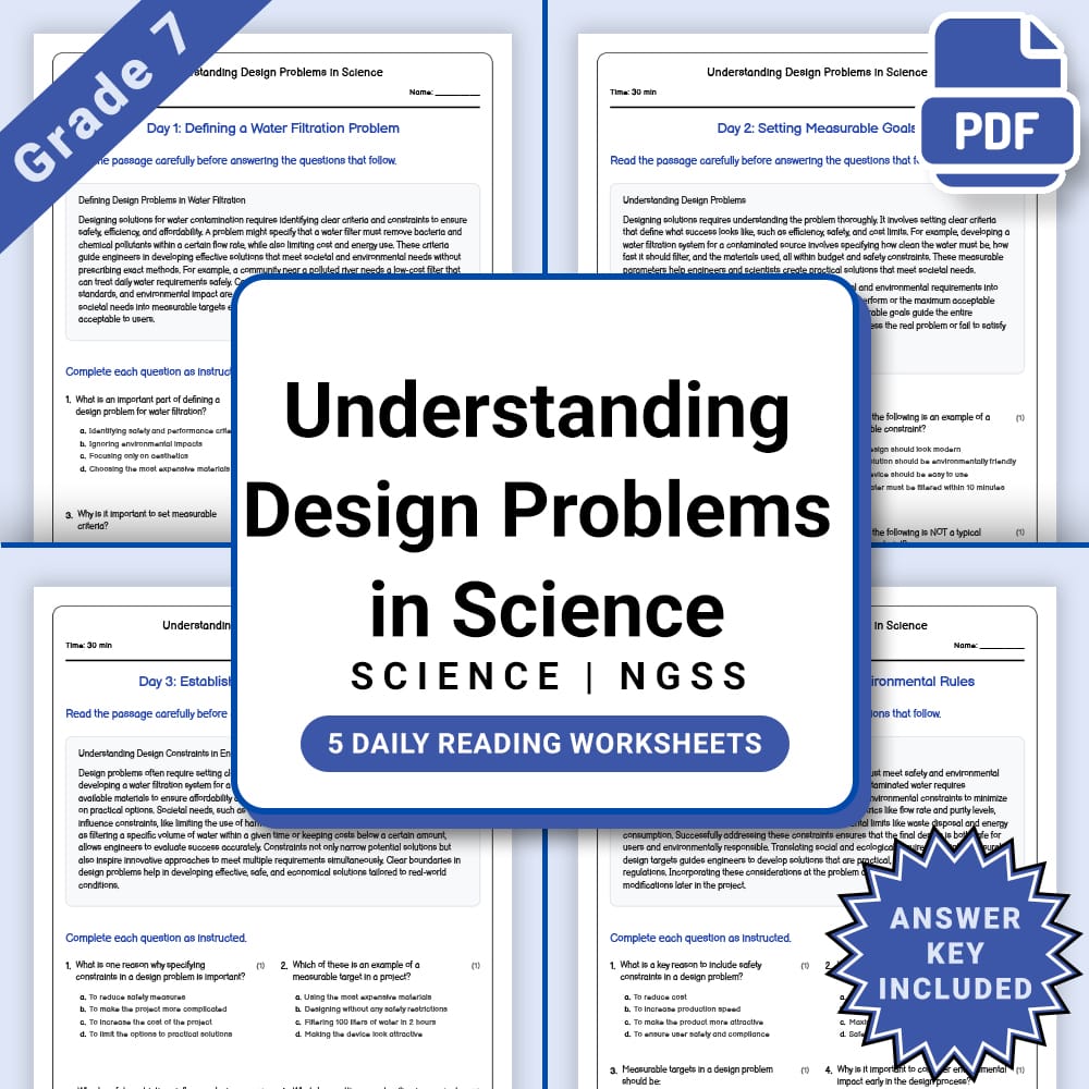 Grade 7 Science daily reading worksheet worksheet — Grade 7 Science – Understanding Design Problems Worksheet(PDF + Answer…