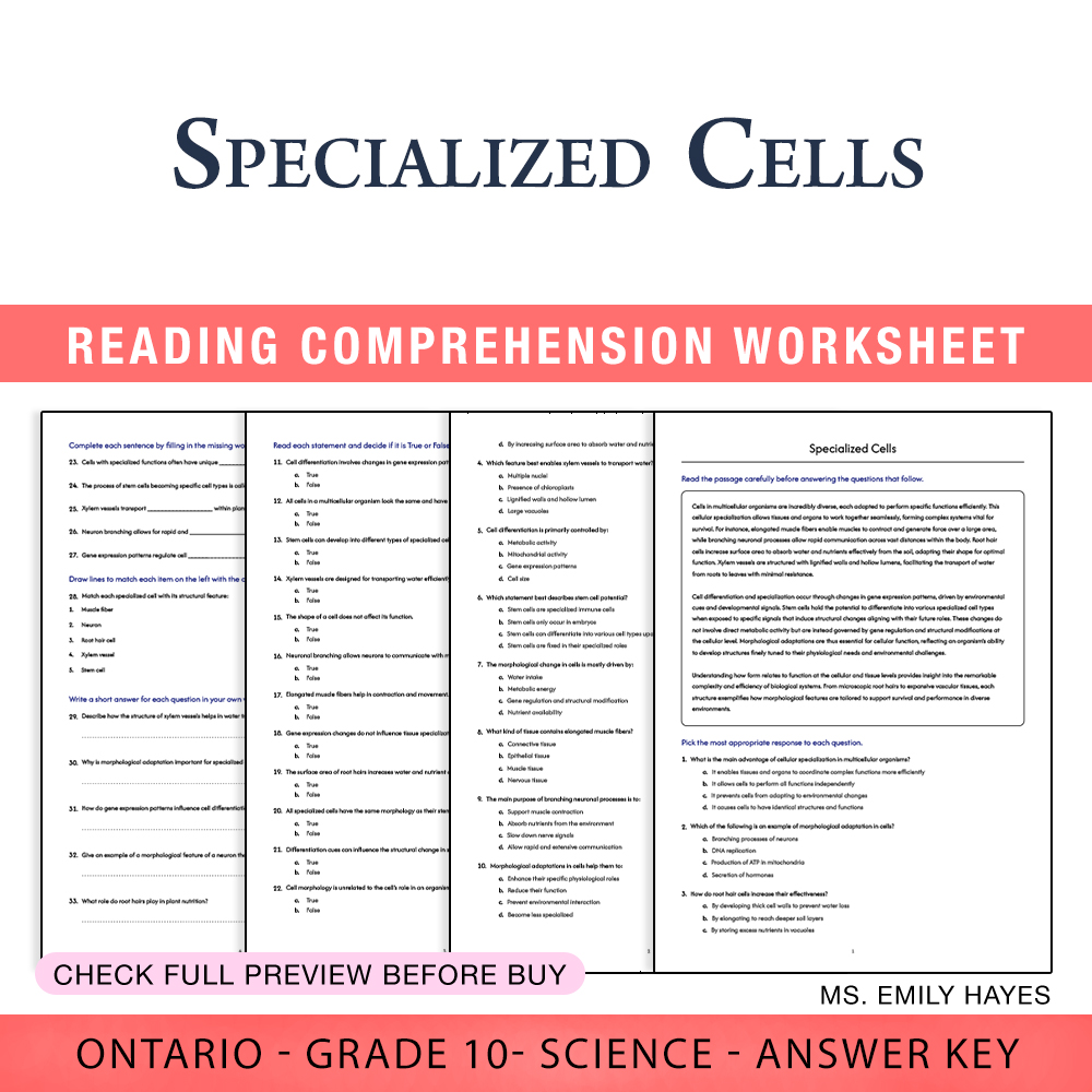 Grade 10 Science worksheet worksheet — 10th Grade Science | Specialized Cells Worksheet (PDF + Answer Key) — page 1
