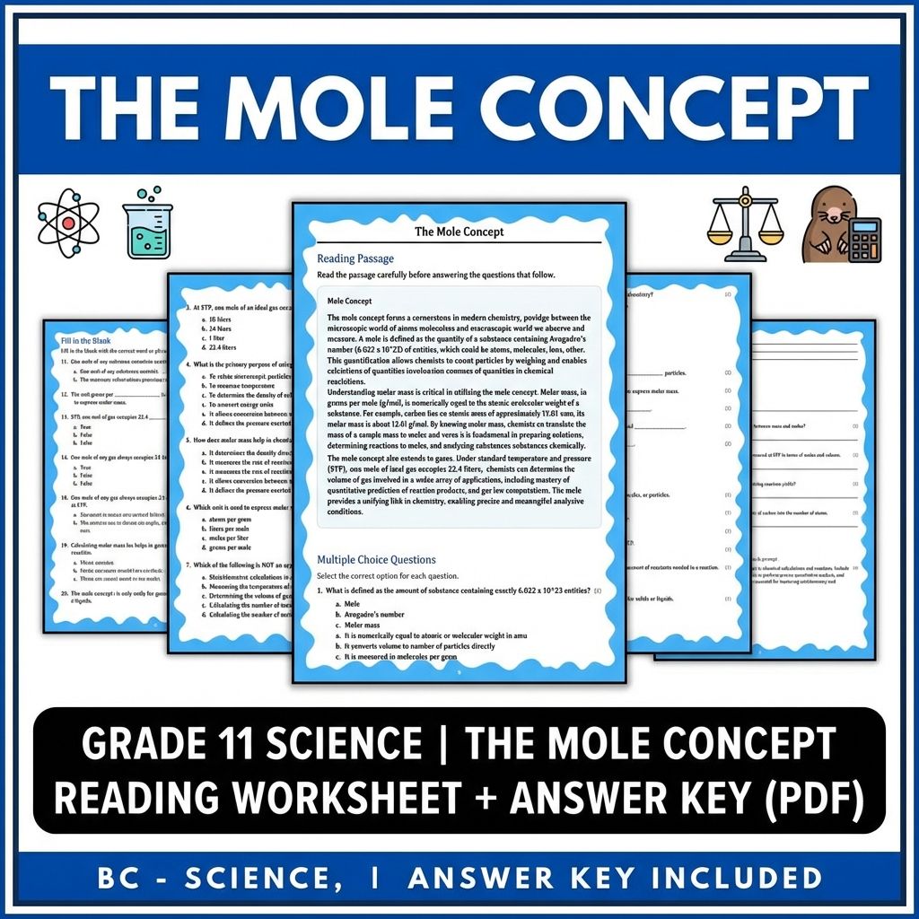 Grade 11 Science | The Mole Concept Reading Worksheet + Answer Key (PDF)