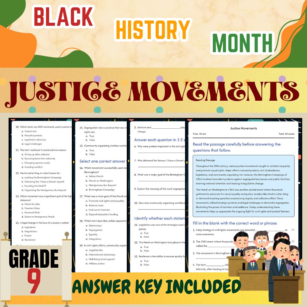 Grade 9 seasonal Justice Movements Black Friday Worksheet (PDF + Answer Key)