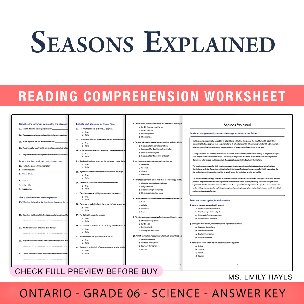 Grade 6 Science worksheet worksheet — 6th Grade Science | Seasons Explained Worksheet (PDF + Answer Key) — page 1
