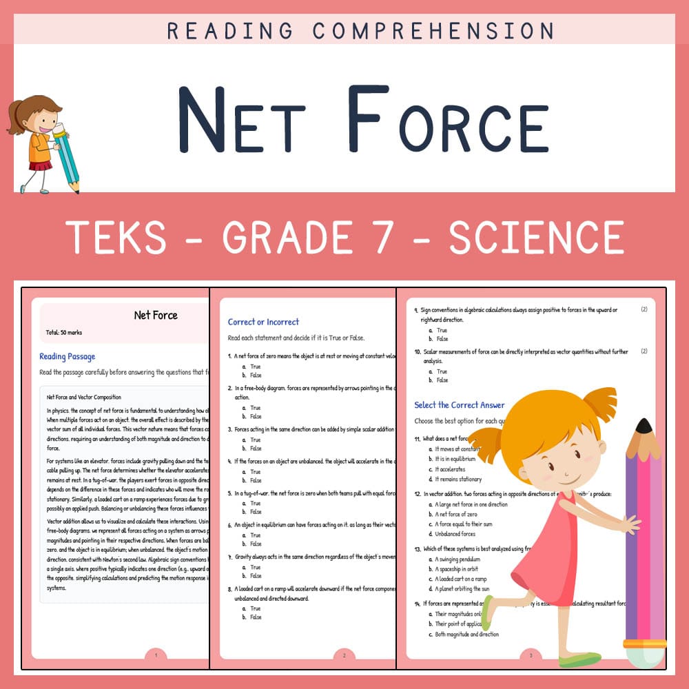 Grade 7 Science worksheet elena worksheet — Grade 7 Science | Net Force Worksheet | TEKS-Aligned — page 1