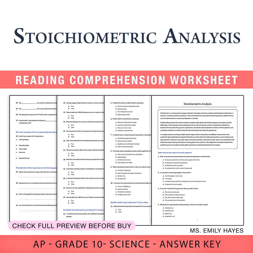 Grade 10 Science worksheet worksheet — 10th Grade Science | Stoichiometric Analysis Worksheet (PDF+ Answer Key) — page 1