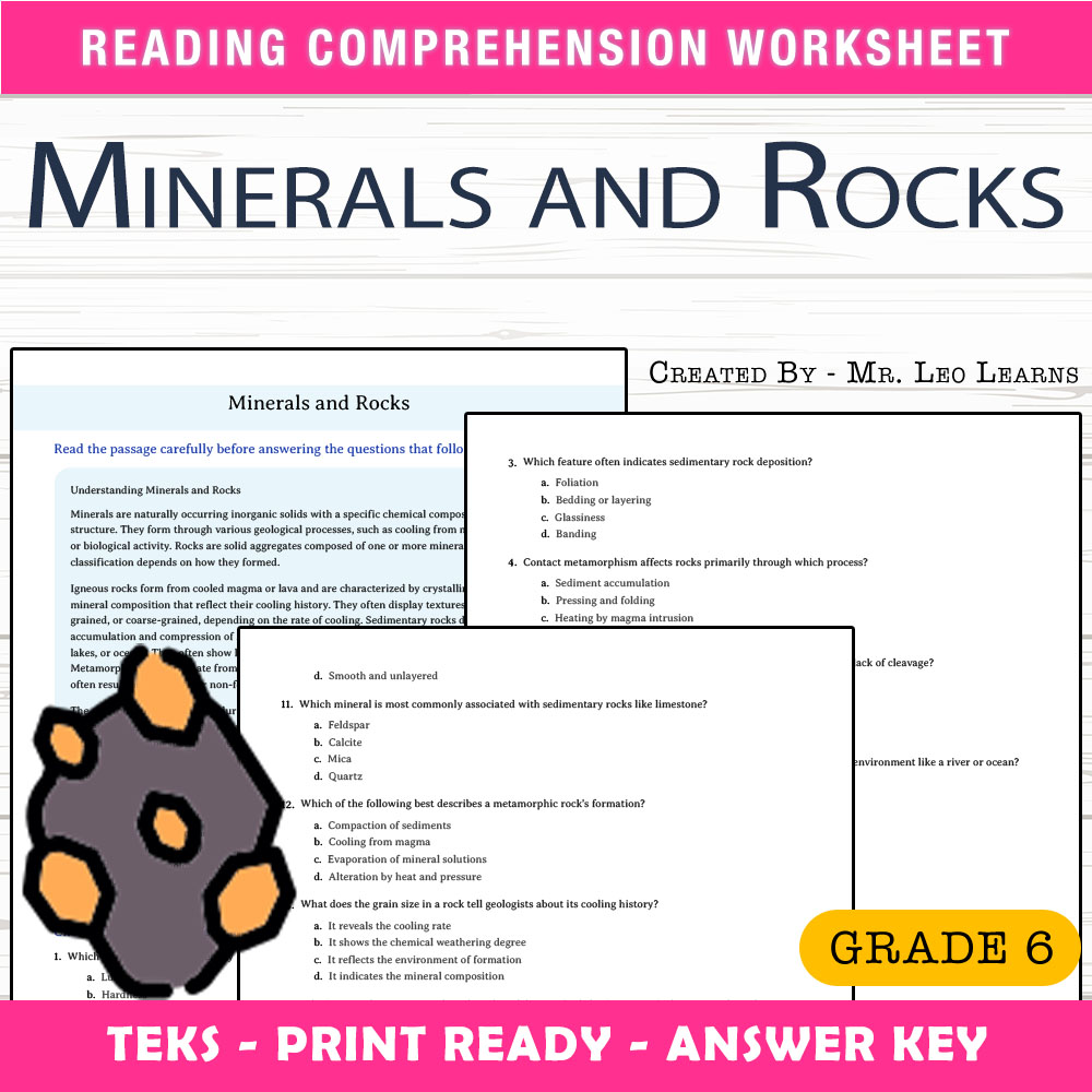 Grade 6 Science worksheet worksheet — Grade 6 Science — Minerals and Rocks Worksheet for Mastery — page 1