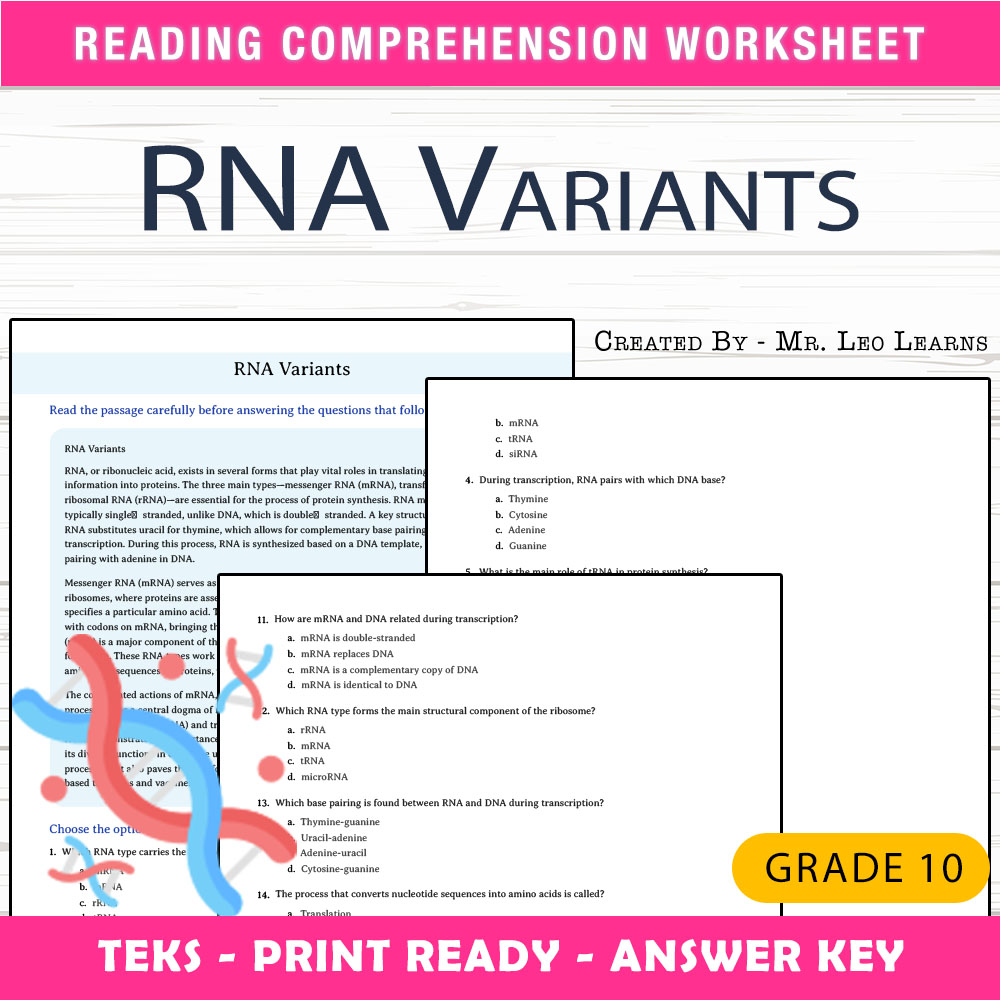 Grade 10 Science worksheet worksheet — Grade 10 Science — RNA Variants Worksheet for Mastery — page 1