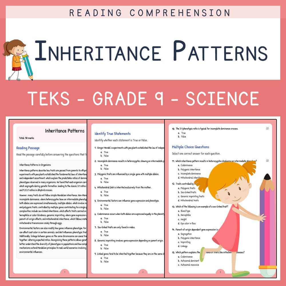 Grade 9 Science worksheet elena worksheet — Grade 9 Science | Inheritance Patterns Worksheet | TEKS Aligned — page 1