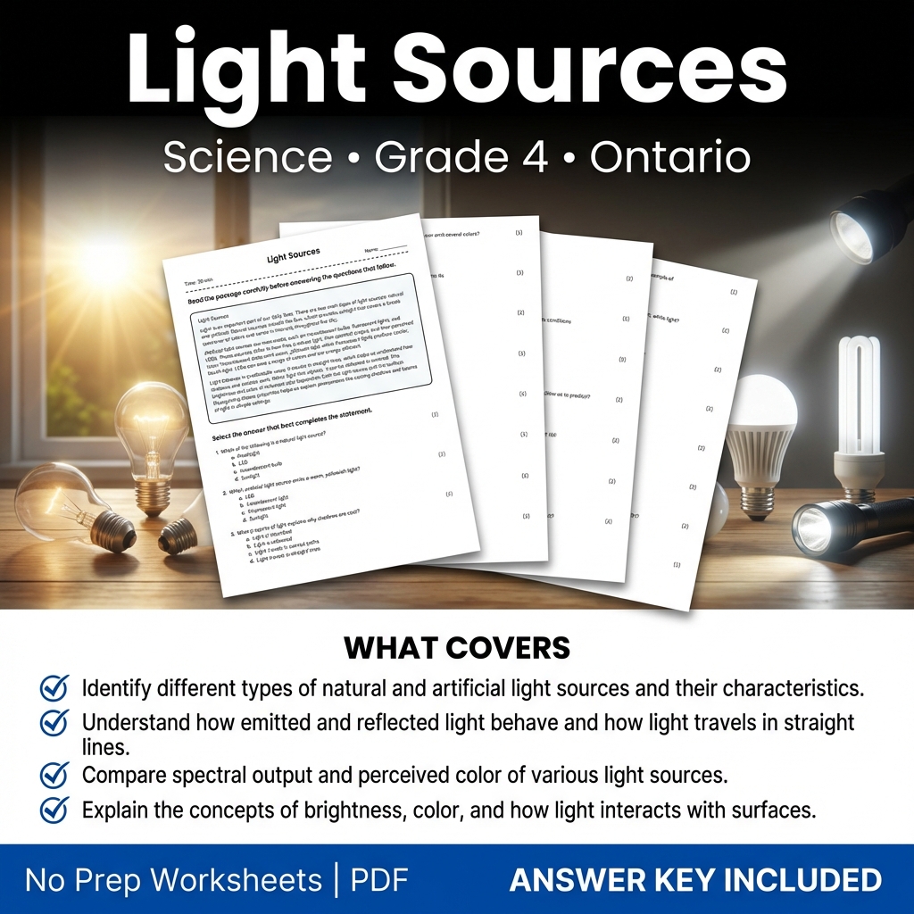 Light Sources Worksheet for Grade 4 Science | Ontario Standards
