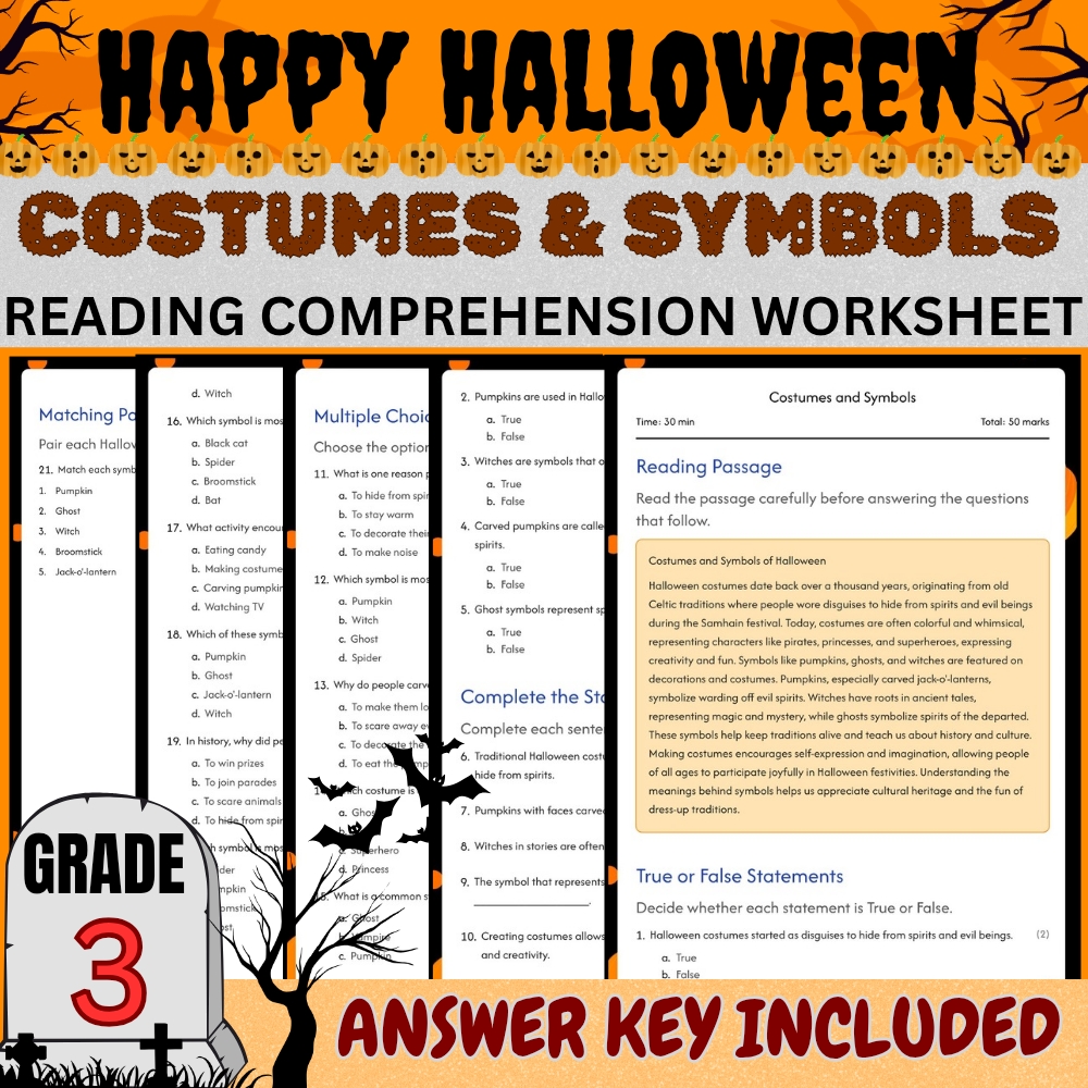Grade 3 Seasonal Halloween Unit | Safety, Costumes & Symbols Worksheets Bundle — included worksheet 1