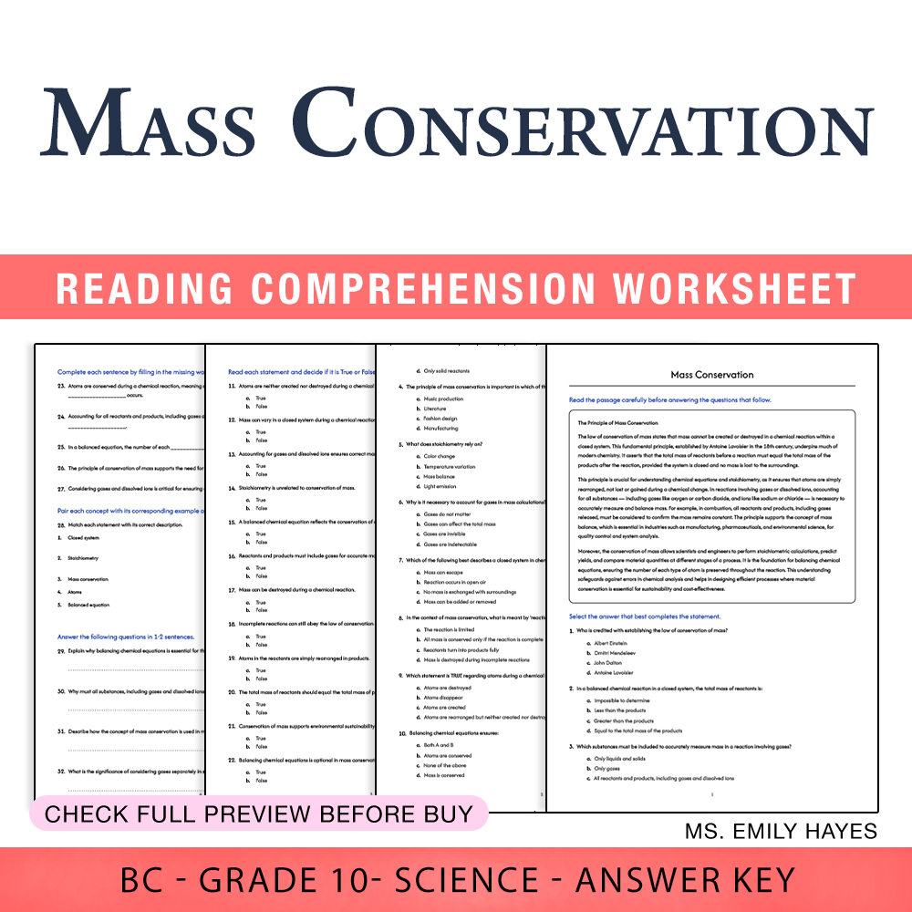 Grade 10 Science worksheet worksheet — Grade 10 Science | Mass Conservation Worksheet (PDF + Answer Key) — page 1