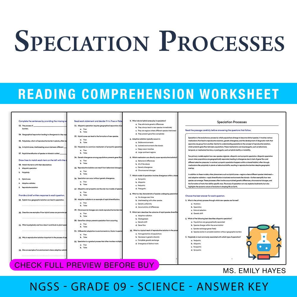 Grade 9 Science worksheet worksheet — 9th Grade Science | Speciation Processes Worksheet (PDF + Answer Key) — page 1
