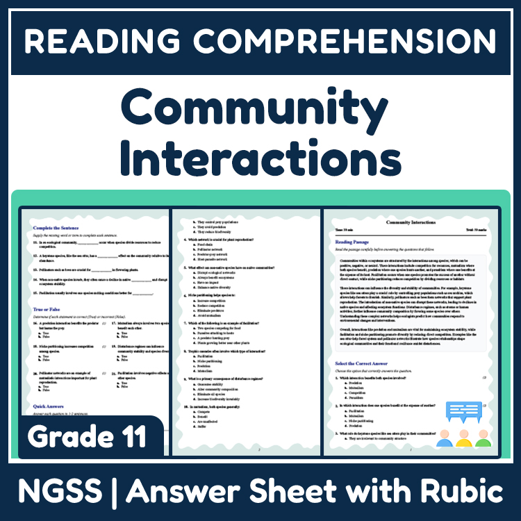 Grade 11 Science reading worksheets worksheet — 11th Grade Science | Community Interactions Reading Worksheet & Answer Key…