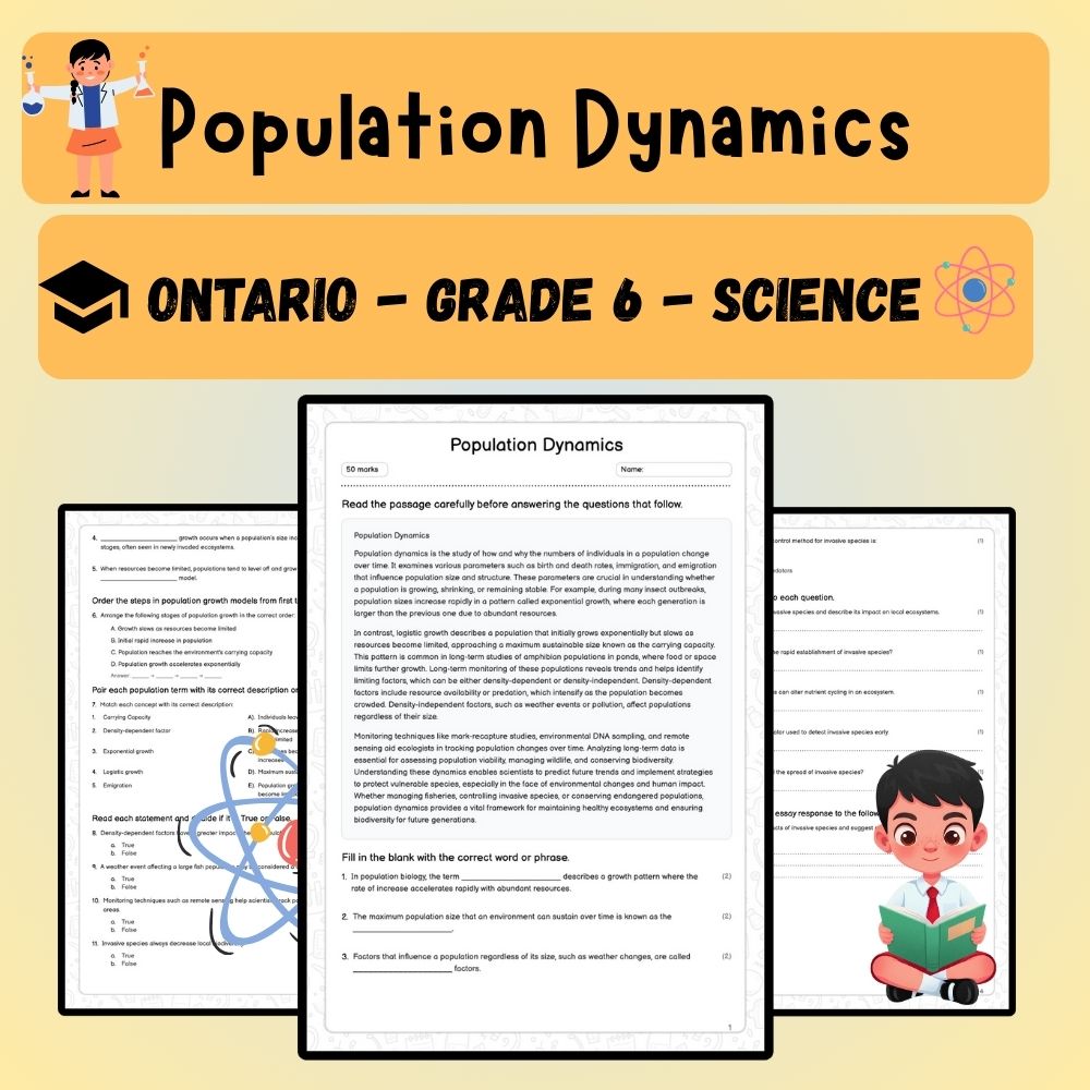 Grade 6 Science worksheet worksheet — 6th Grade Science – Population Dynamics Worksheet (PDF ) – Ontario Standards — page 1