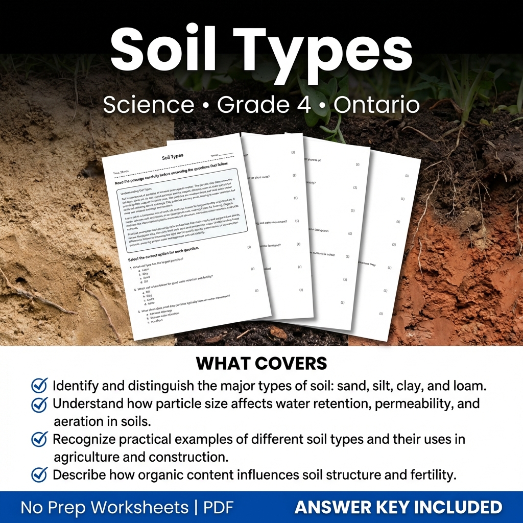 Soil Types Worksheet for Grade 4 Science | Ontario Standards Practice