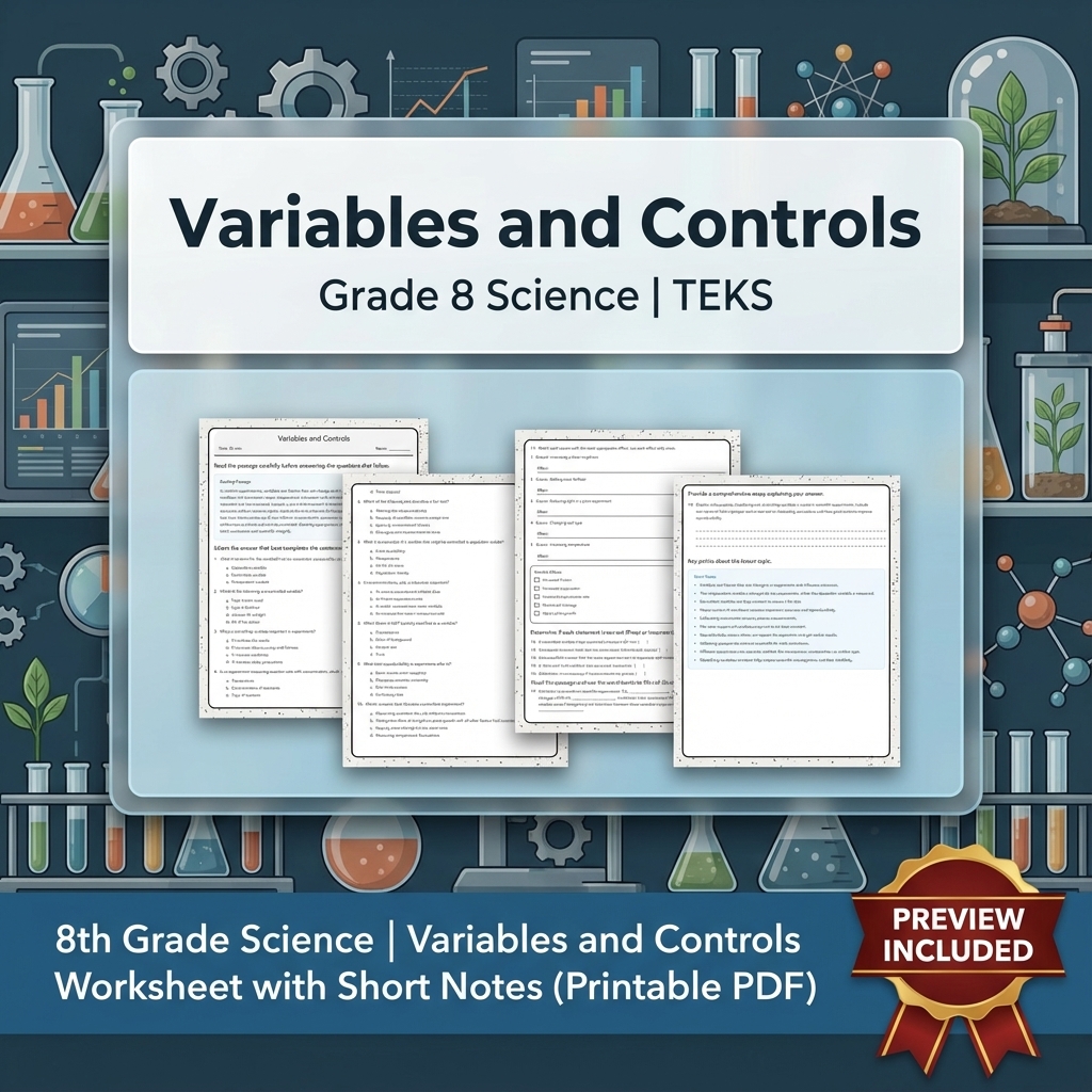 8th Grade Science Variables and Controls Worksheet with Short Notes (PDF)