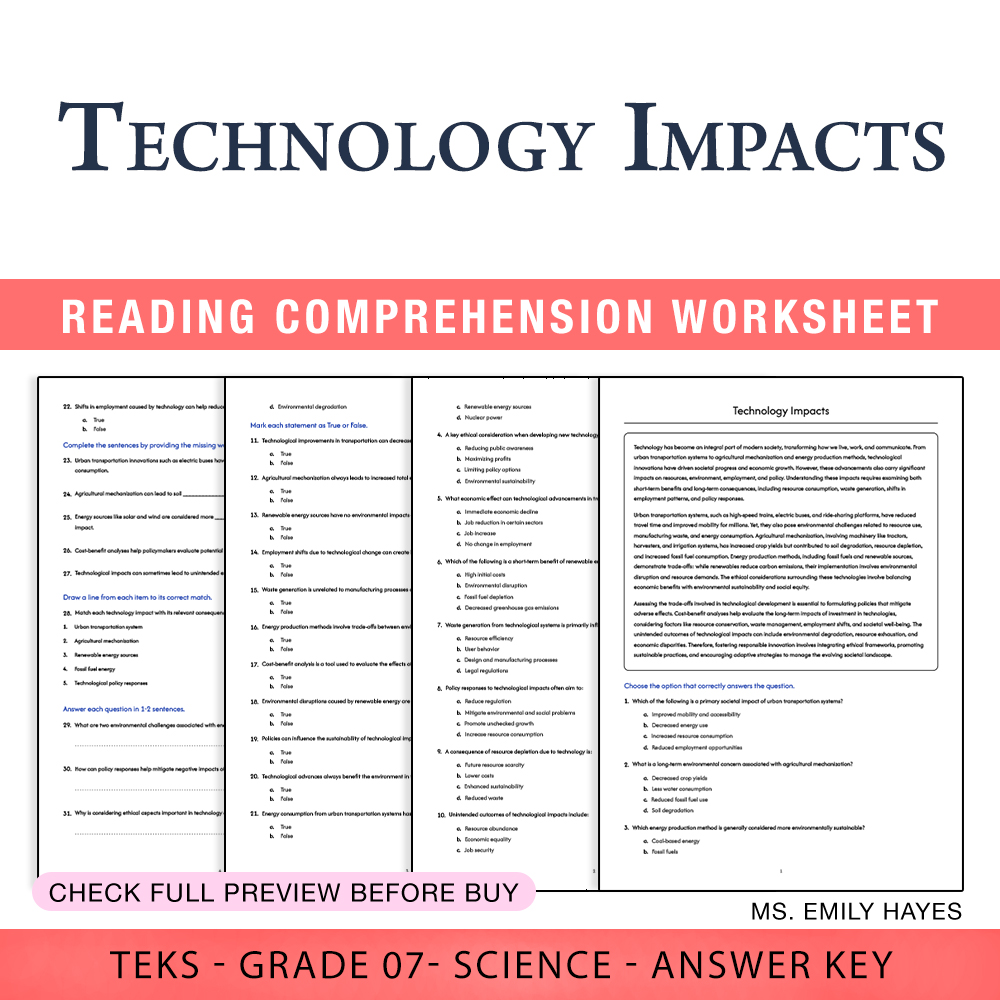 Grade 7 Science worksheet worksheet — 7th Grade Science | Technology Impacts Worksheet (PDF+ Answer Key) — page 1