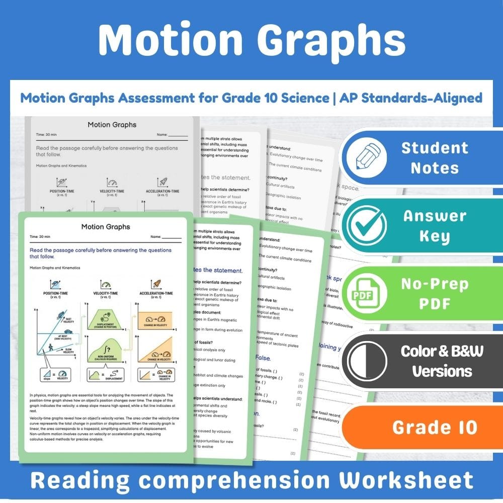 Grade 10 Science assessment worksheet — Motion Graphs Assessment for Grade 10 Science | AP Standards-Aligned — page 1