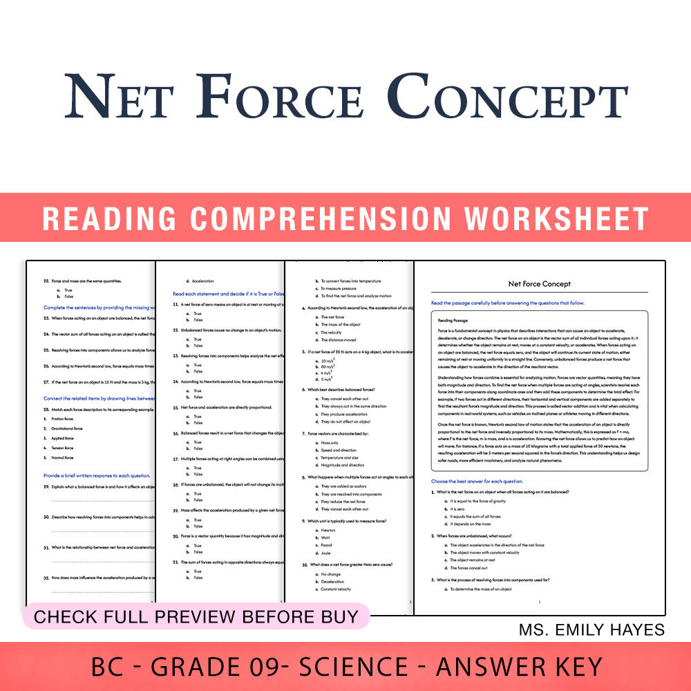 Grade 9 Science worksheet worksheet — 9th Grade Science | Net Force Concept Worksheet (PDF+ Answer Key) — page 1