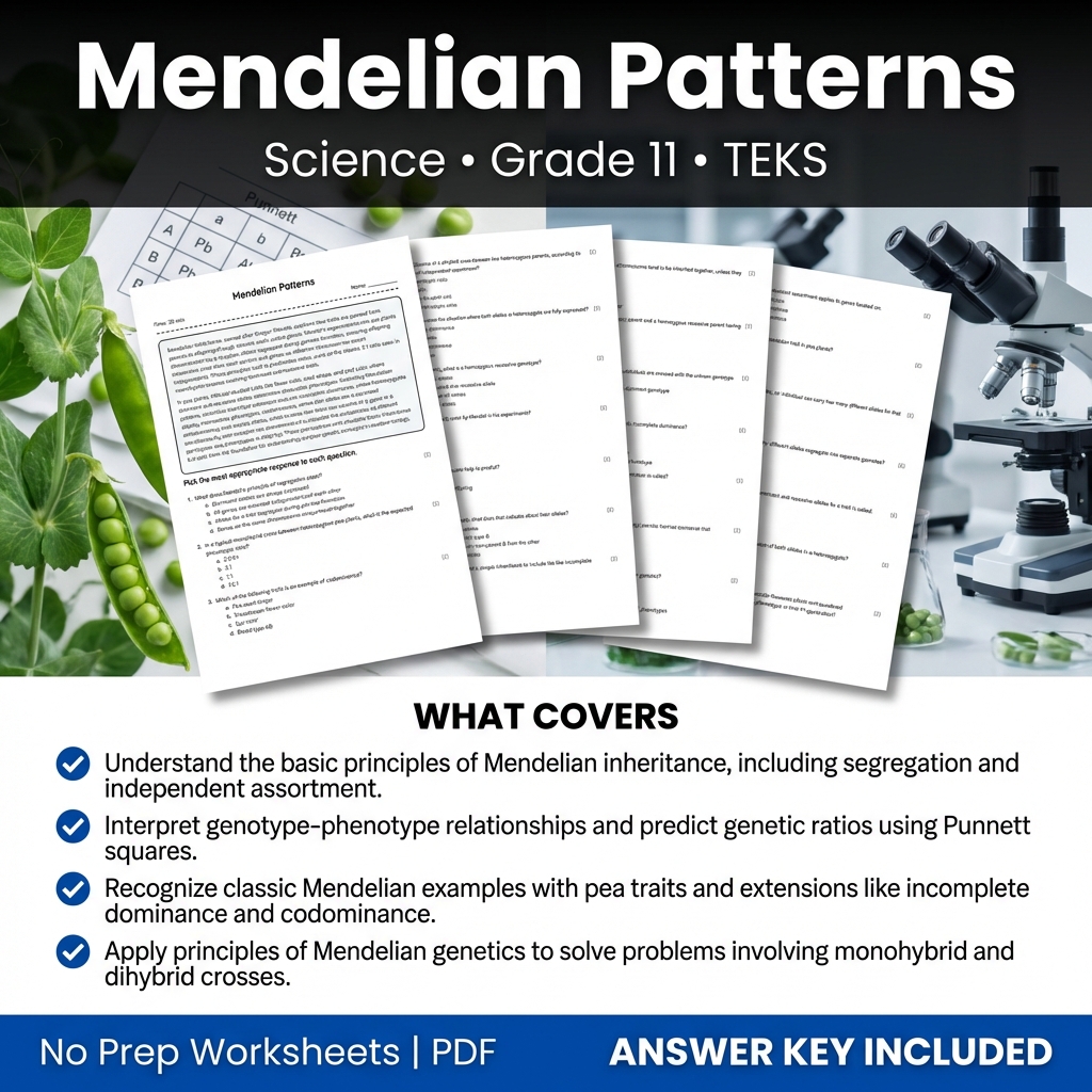 Mendelian Patterns Science Worksheet for Grade 11 | TEKS Aligned