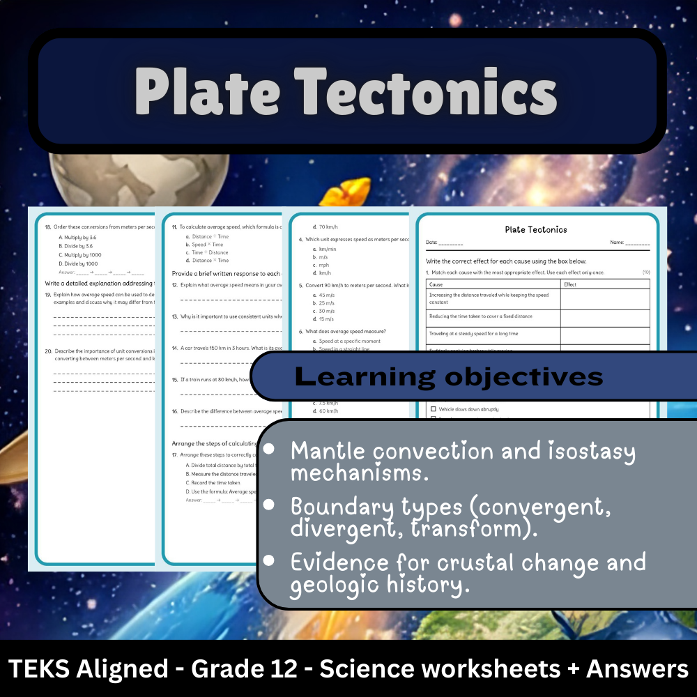 Grade 12 Science | Plate Tectonics Worksheet (TEKS Standards) – PDF