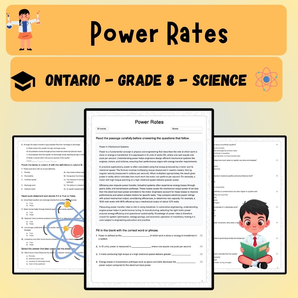 Grade 8 Science worksheet worksheet — Grade 8 Science | Power Rates Worksheet (PDF ) for Ontario Standards — page 1