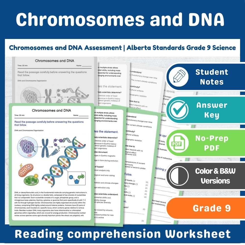 Grade 9 Science assessment worksheet — Chromosomes and DNA Assessment | Alberta Standards Grade 9 Science — page 1