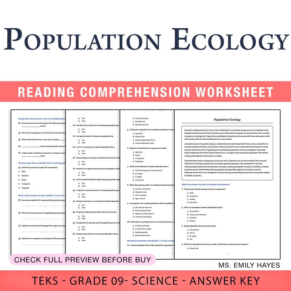 Grade 9 Science worksheet worksheet — Grade 9 Science | Population Ecology Worksheet (PDF+ Answer Key) — page 1