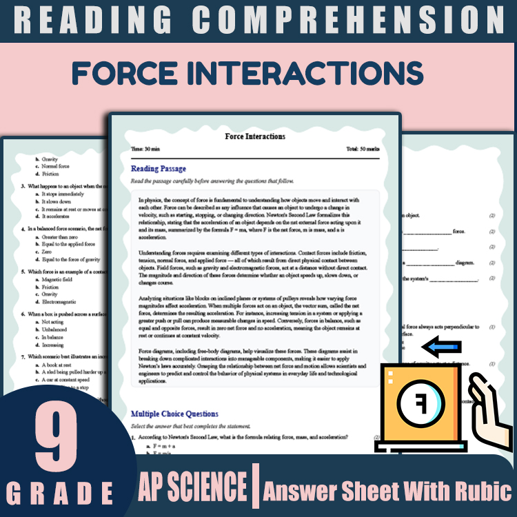 Grade 9 Science reading worksheets worksheet — Grade 9 Science | Force Interactions Reading Worksheet (PDF + Rubric) — page 1