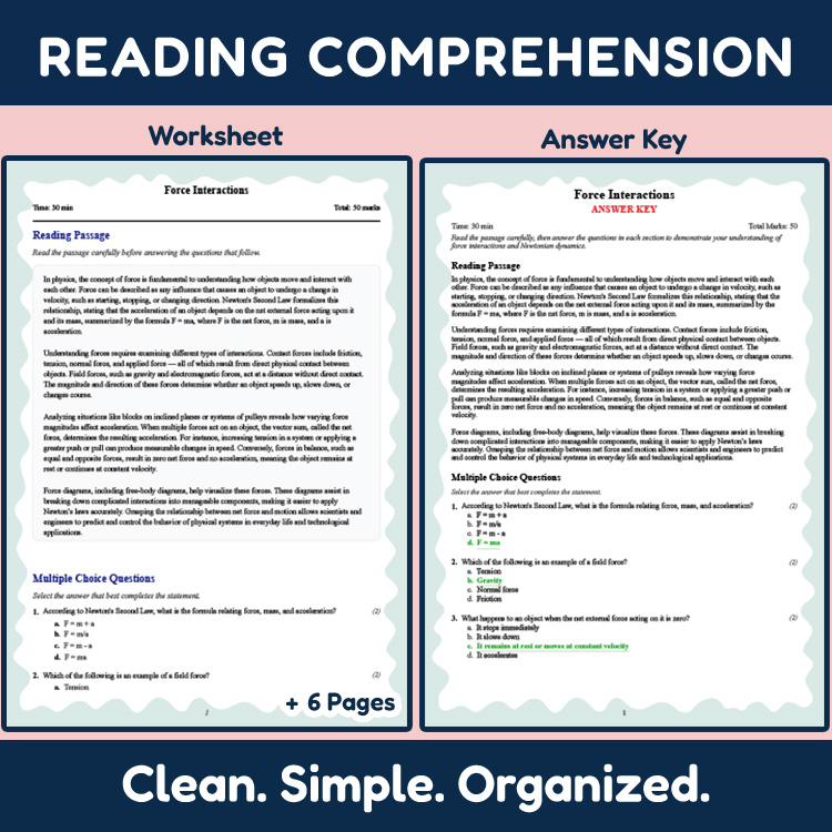 Grade 9 Science reading worksheets worksheet — Grade 9 Science | Force Interactions Reading Worksheet (PDF + Rubric) — page 2