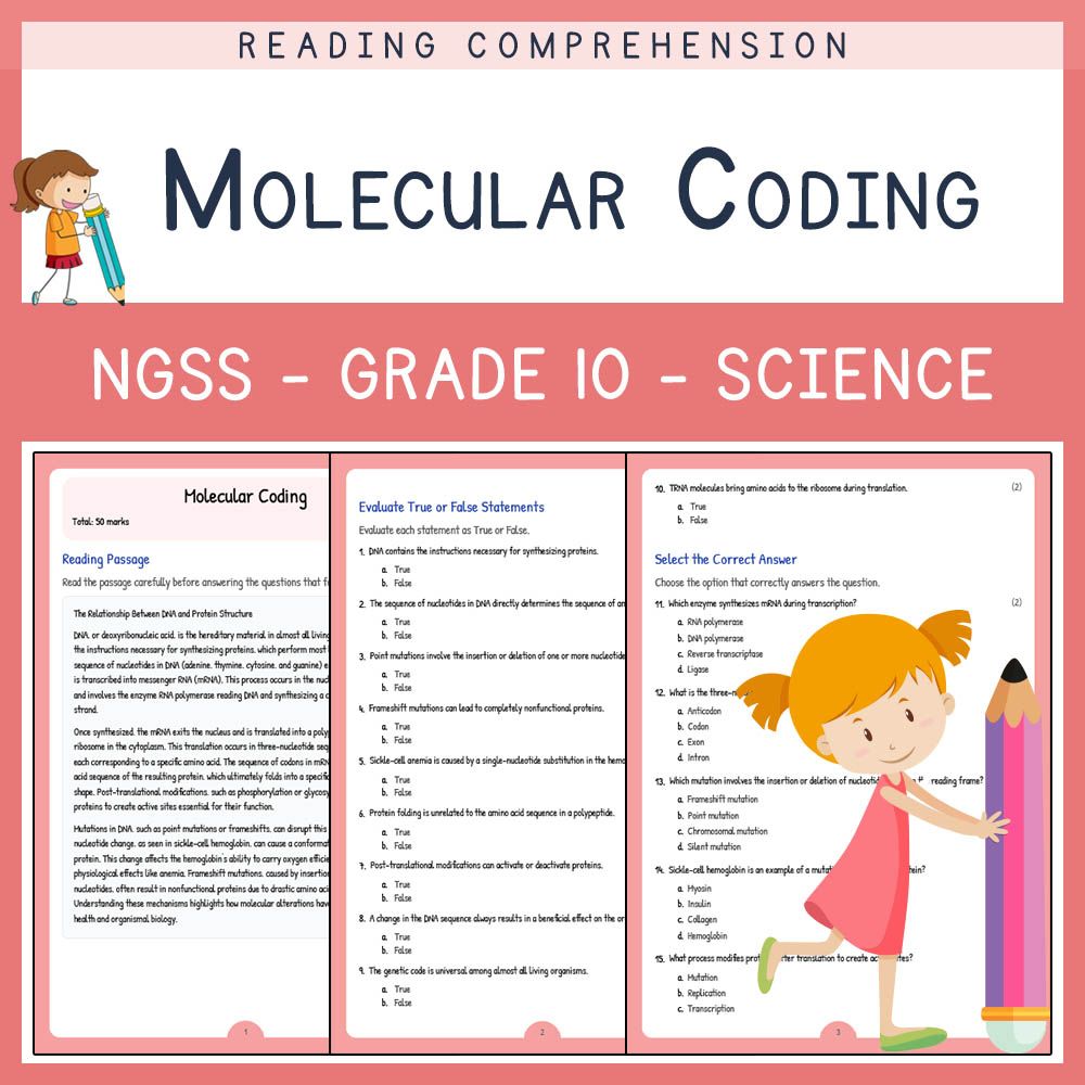 Grade 10 Science worksheet worksheet — Grade 10 Science | Molecular Coding Worksheet & Answer Key (PDF) — page 1