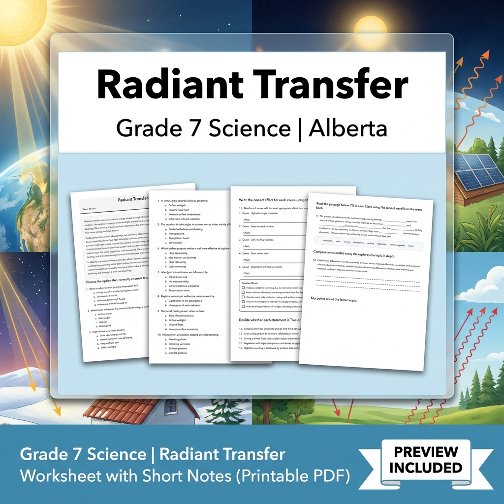 Grade 7 Science | Radiant Transfer Worksheet with Short Notes (Printable PDF)