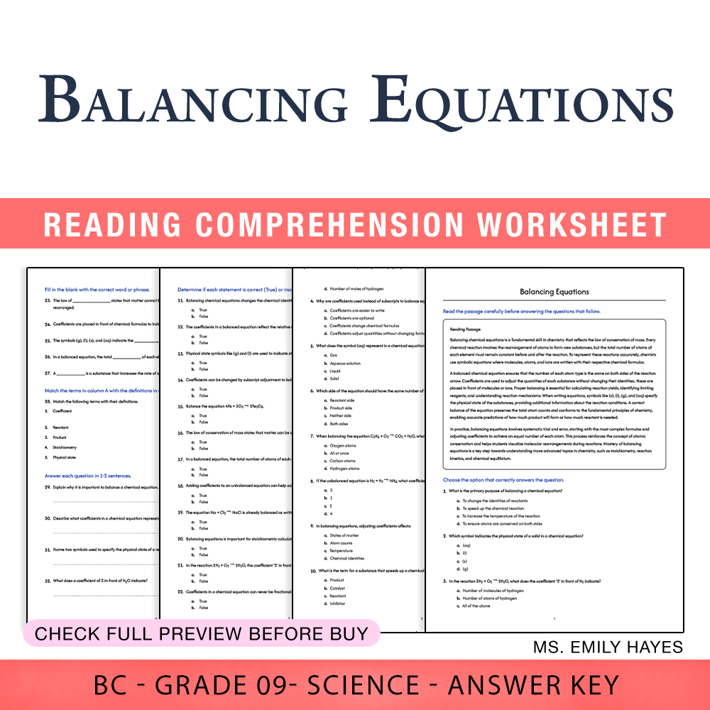 Grade 9 Science worksheet worksheet — 9th Grade Science | Balancing Equations Worksheet (PDF+ Answer Key) — page 1
