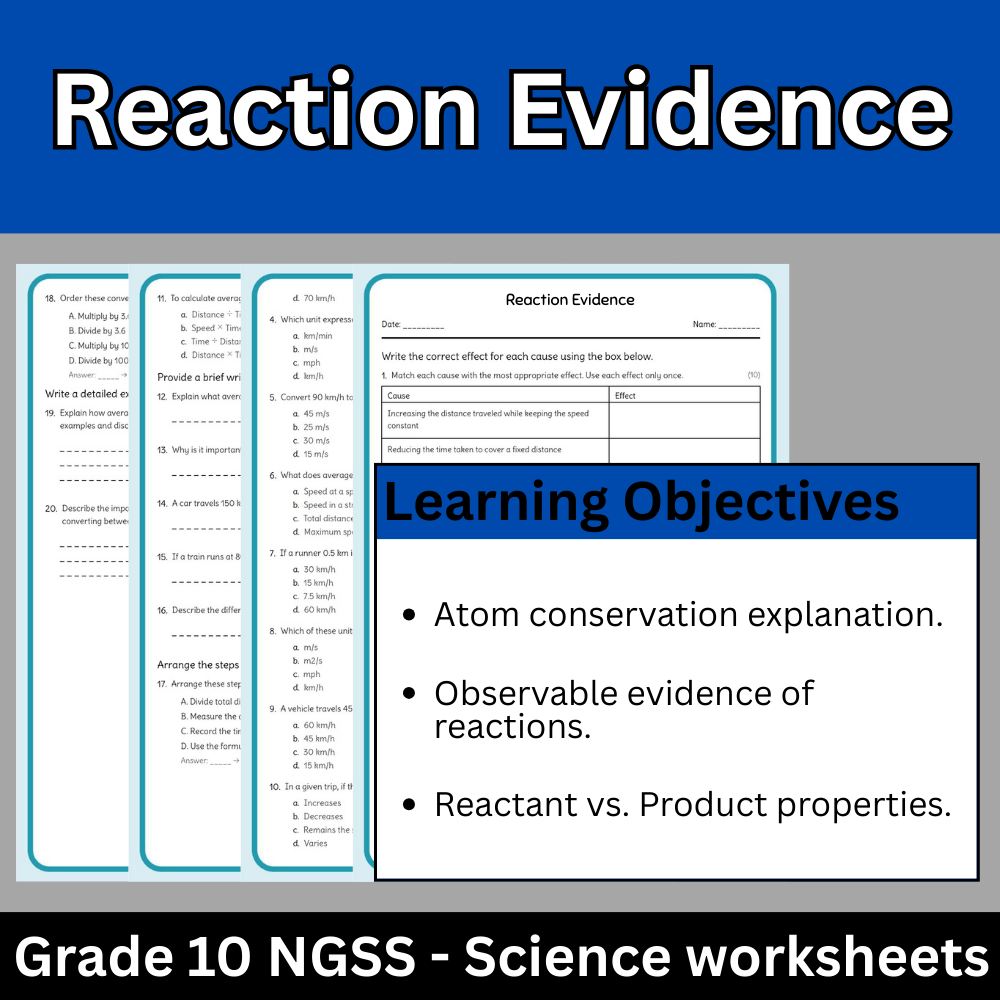 Grade 10 Science | Reaction Evidence Worksheet (PDF) – NGSS-Aligned Practice
