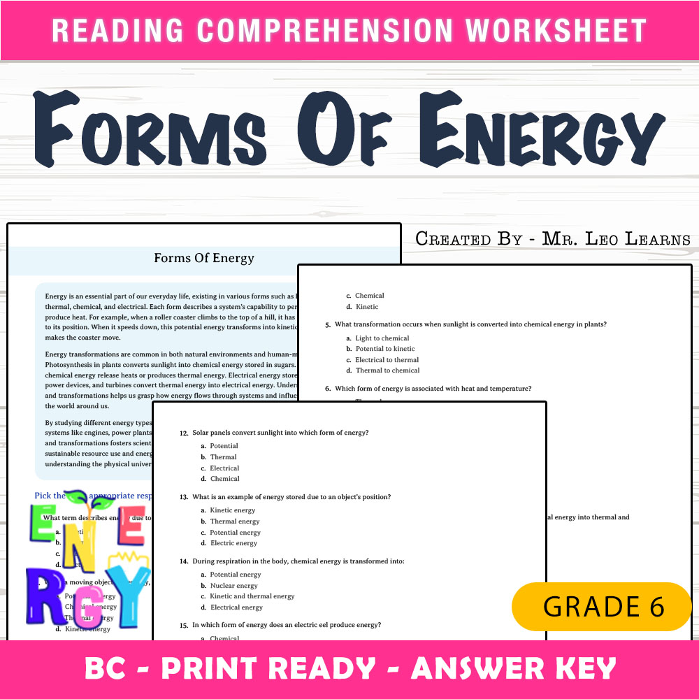 Grade 6 Science worksheet mcq paper worksheet — Grade 6 Science — Forms Of Energy Worksheet MCQ Paper — page 1
