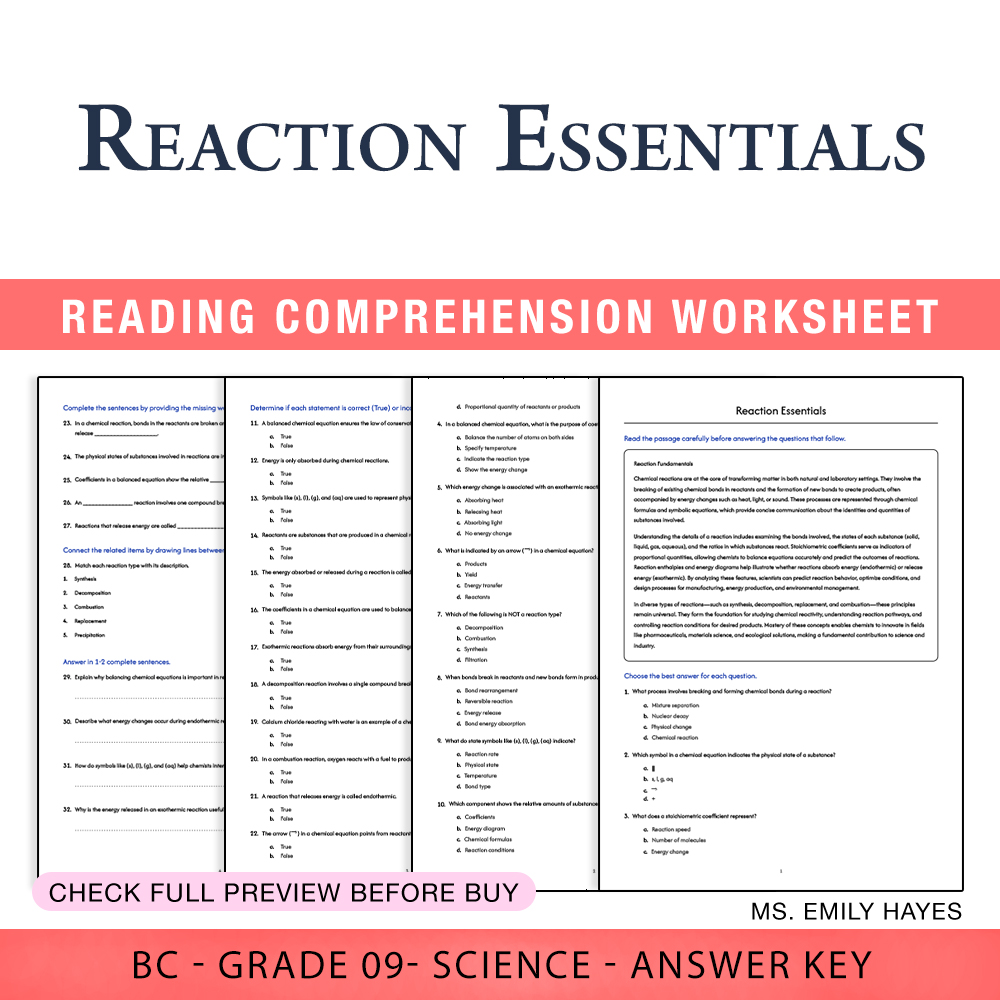 Grade 9 Science worksheet worksheet — Grade 9 Science | Reaction Essentials Worksheet (PDF+ Answer Key) — page 1