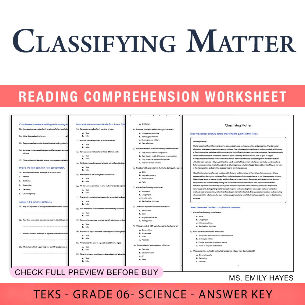 Grade 6 Science worksheet worksheet — 6th Grade Science | Classifying Matter Worksheet (PDF+ Answer Key) — page 1