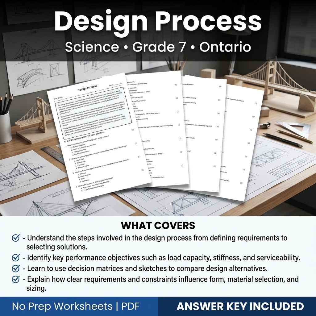 Grade 7 Science Worksheet on Design Process | Ontario Standards