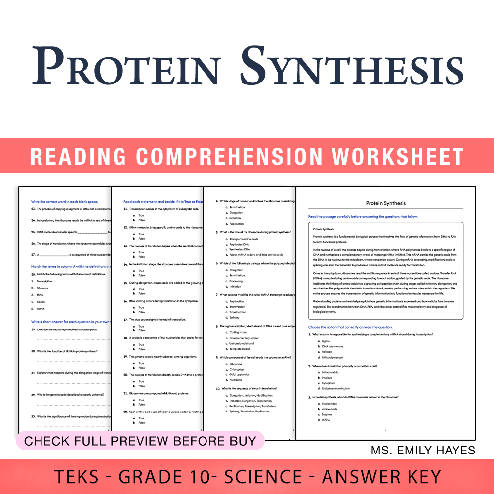 Grade 10 Science worksheet worksheet — 10th Grade Science | Protein Synthesis Worksheet (PDF+ Answer Key) — page 1
