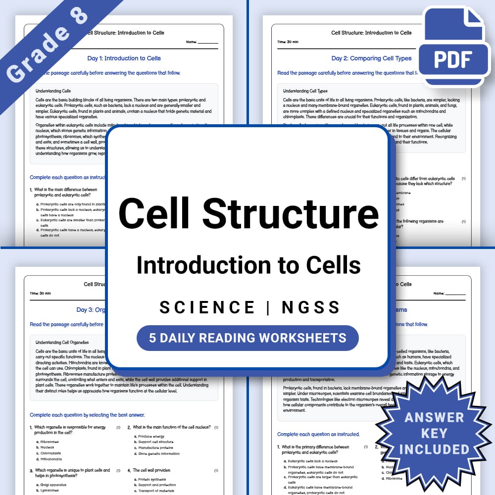Grade 8 Science daily reading worksheet worksheet — Grade 8 Science – Cell Structure Introduction Worksheet(PDF + Answer K…