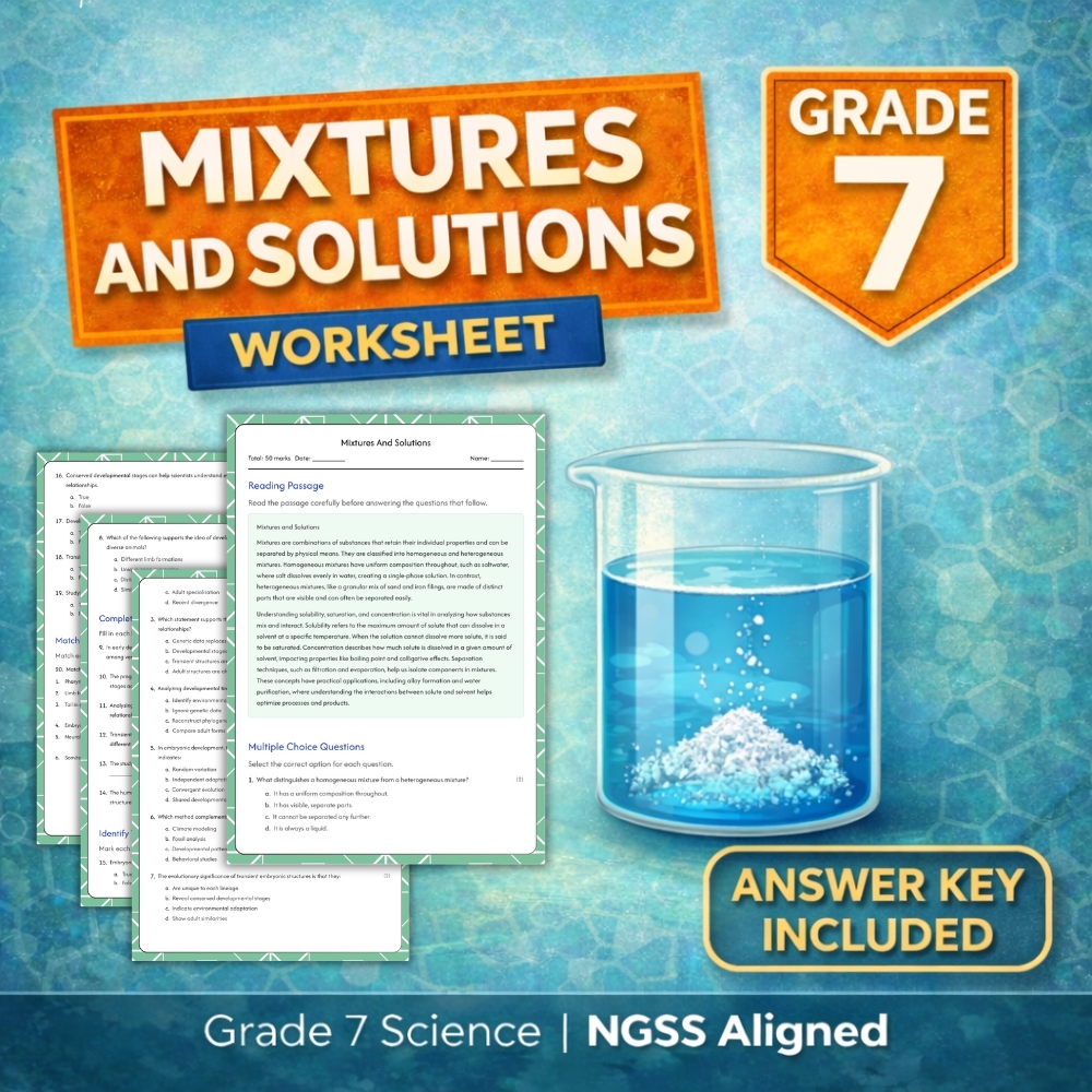 Grade 7 Science | Mixtures And Solutions Worksheet (NGSS Standards + Answer Key)