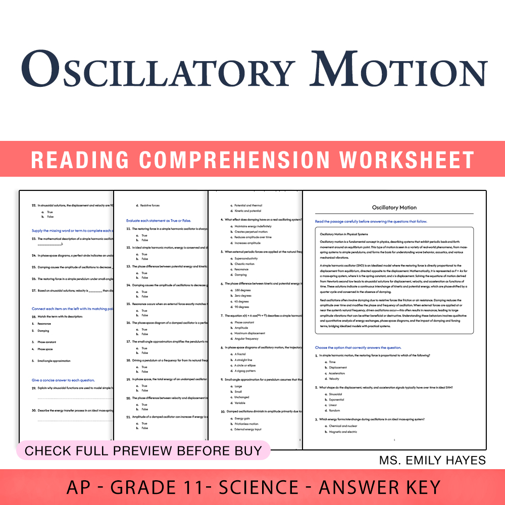 Grade 11 Science worksheet worksheet — 11th Grade Science | Oscillatory Motion Worksheet (PDF+ Answer Key) — page 1