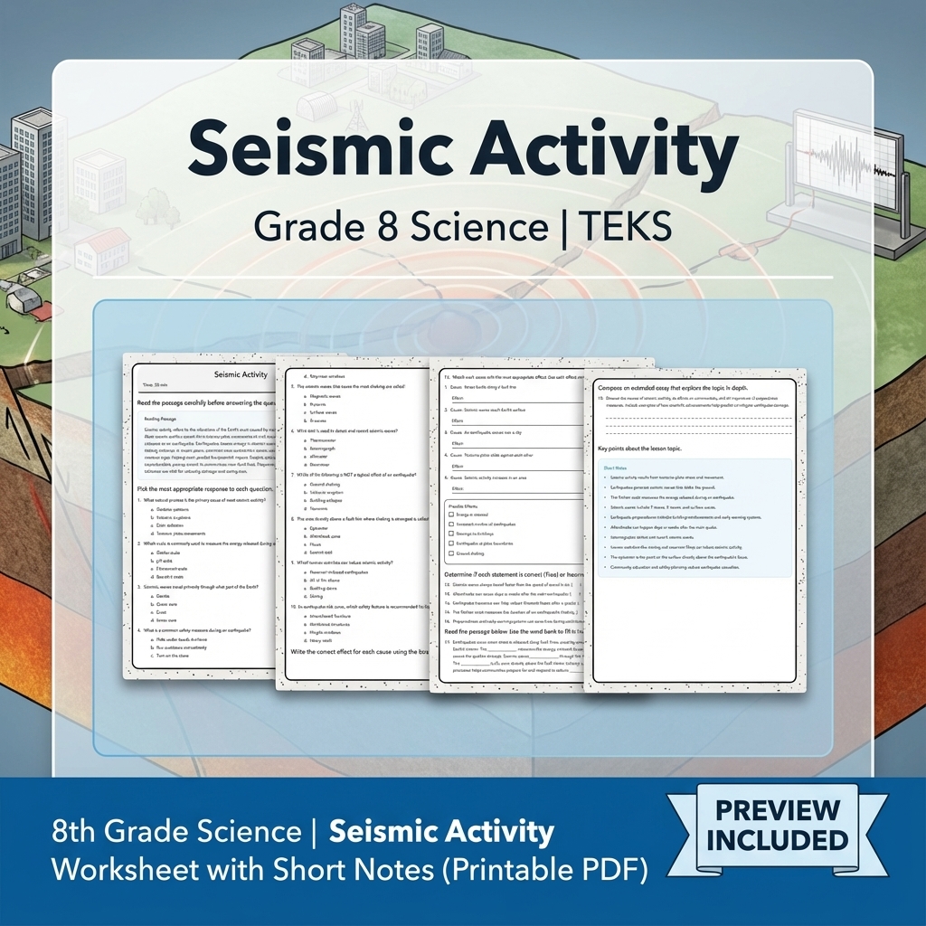 8th Grade Science | Seismic Activity Worksheet with Short Notes (Printable PDF)