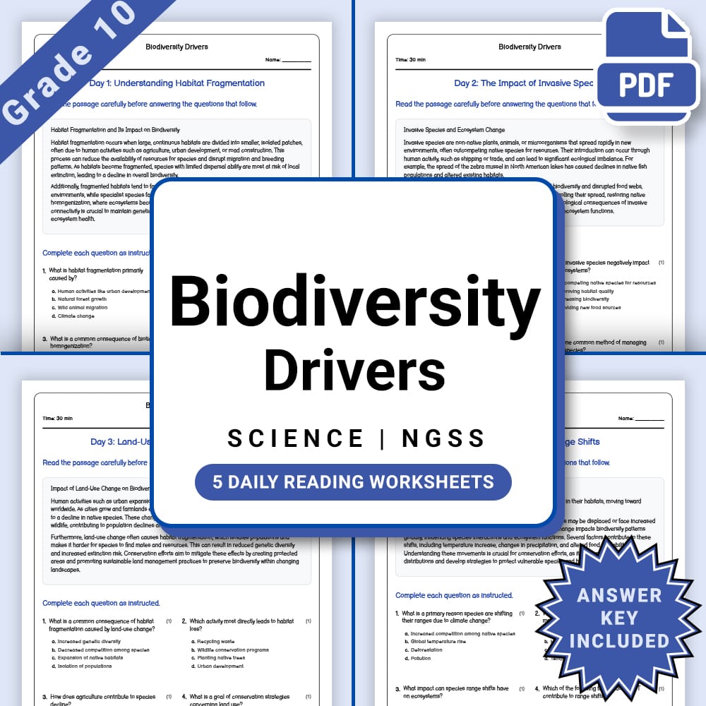 Grade 10 Science daily reading worksheet worksheet — Grade 10 Science – Biodiversity Drivers Daily Worksheet (PDF +Answer…
