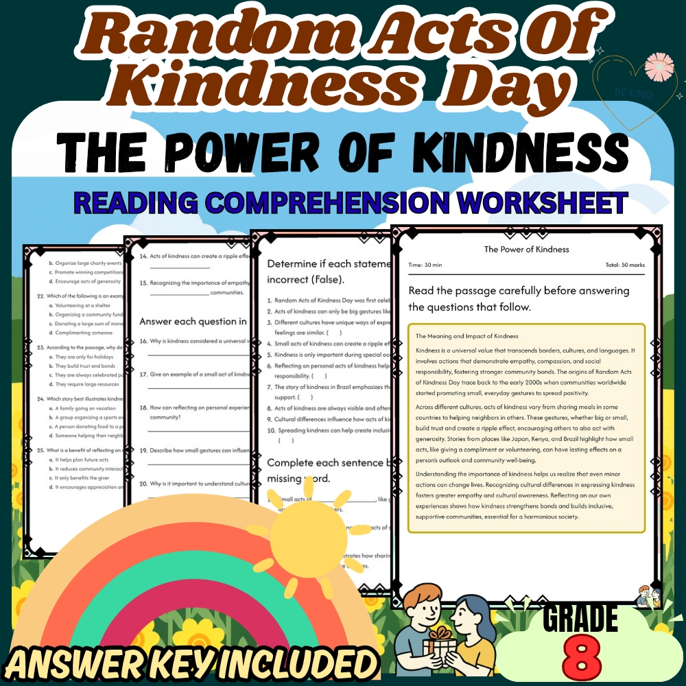 Grade 8 Holiday Random acts of kindness worksheet for February |PDF + Answer Key