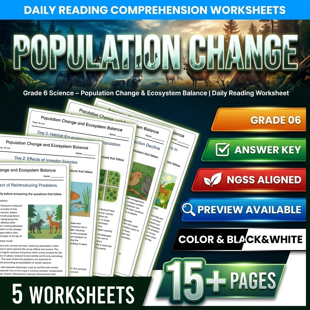 Grade 6 Science daily reading worksheet — Grade 6 Science Population Change & Ecosystem Balance | Daily Reading Worksheet