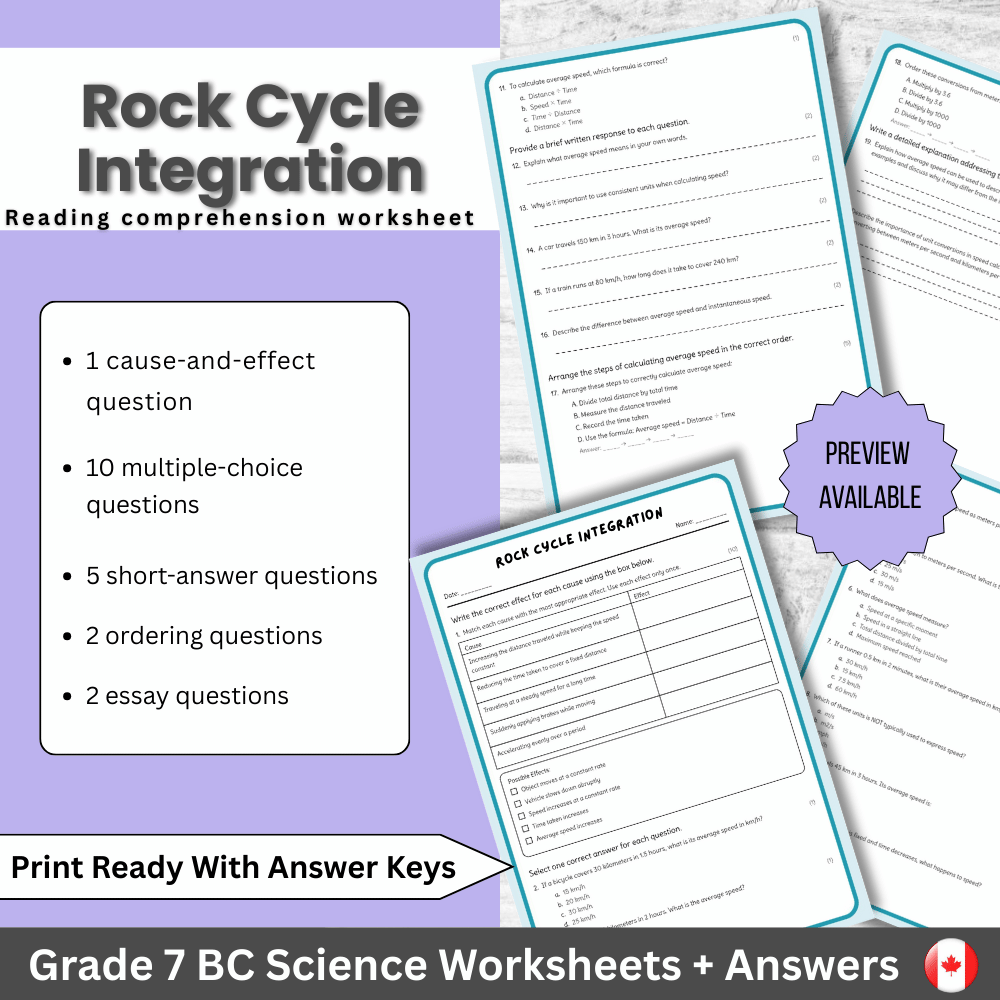 Grade 7 Science | Rock Cycle Integration Worksheet (PDF) – BC Standards