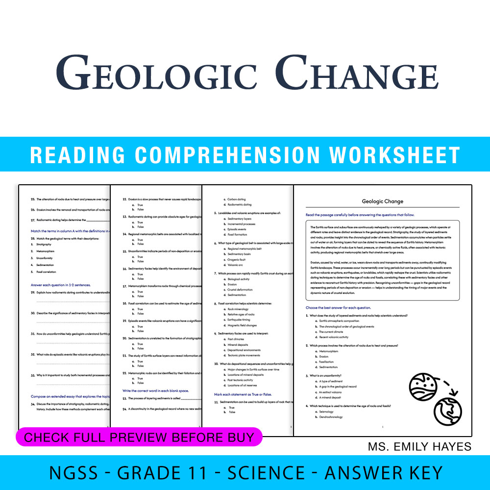 Grade 11 Science worksheet worksheet — Grade 11 Science | Geologic Change Worksheet (PDF+ Answer Key) — page 1