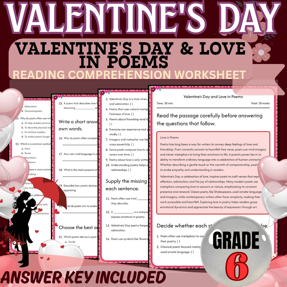 Grade 6 Holiday Valentine Day Worksheet for Poetry in Poems | PDF + Answer Key