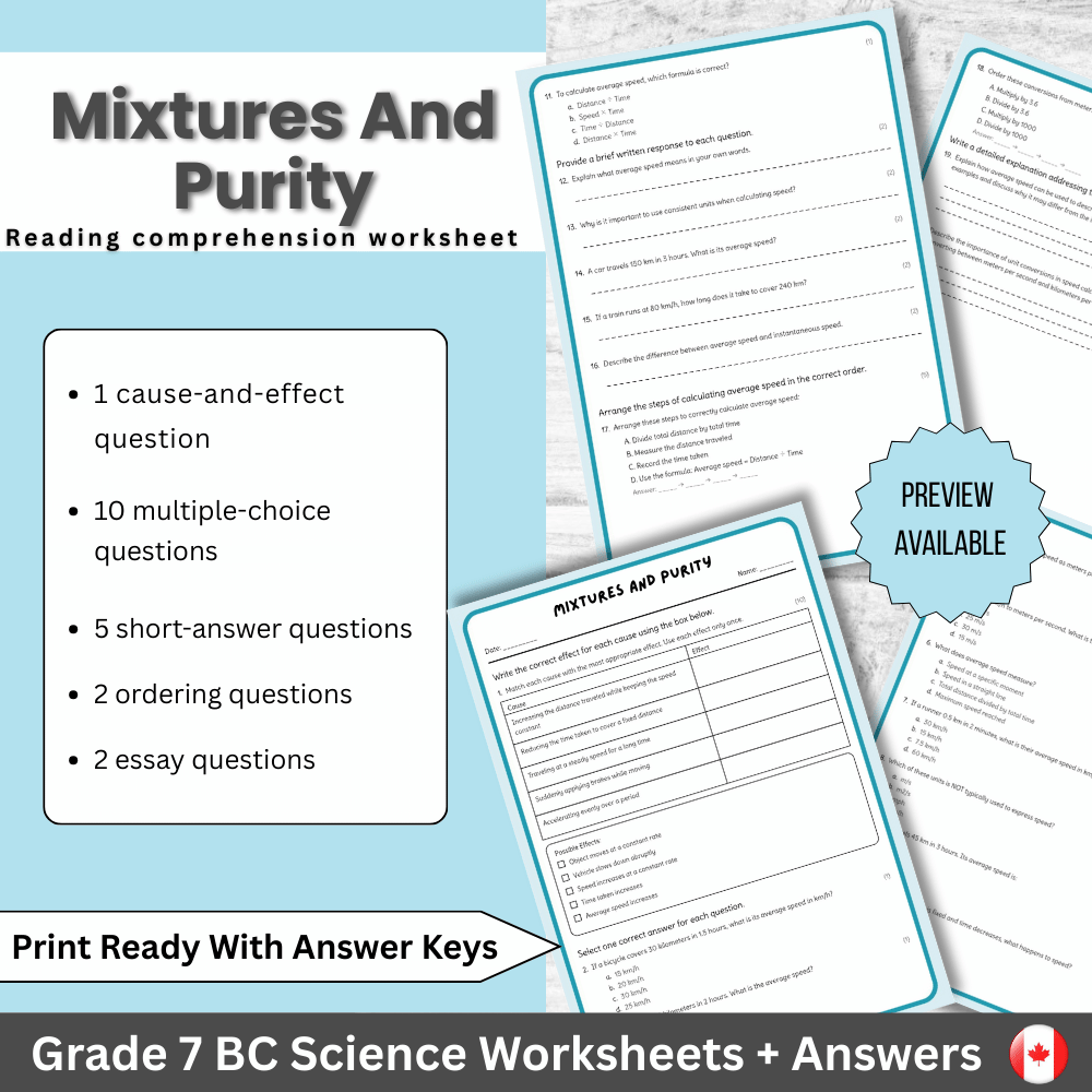 Grade 7 Science | Mixtures and Purity Worksheet (PDF) for BC Standard